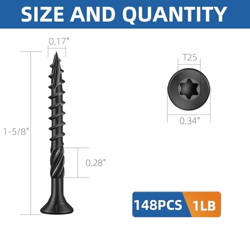 Image of #8 x 1-5 /8 inch Heavy-Duty Deck Screws - Black Long Outdoor Wood Screws, Torx Drive with T25 Bit, Rust Resistant for Wood Decking and Fence (1lb,148Pcs)
