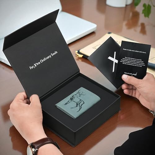 Image of The X Project Staggo Trifold Wallet | Premium Genuine Leather | Aluminium Cardholder | Side Slide Pop-Up Card Ejector | Carry Up to 6 Cards and 1 Slot for Carrying Cash & Folded Bills (Blue)