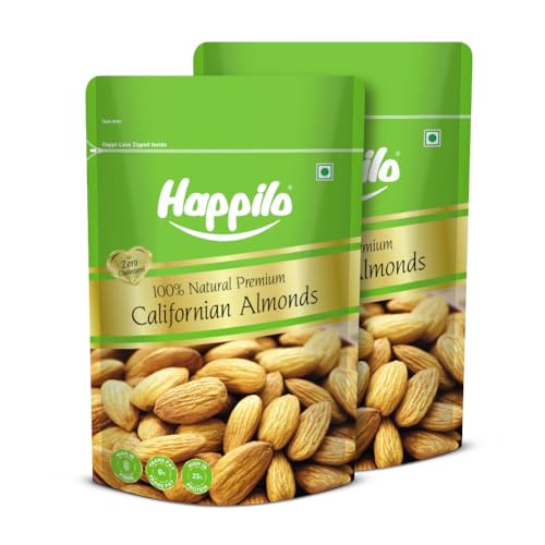 Image of Happilo Premium Natural Californian Almonds 200g | Badam Giri, Healthy Snacks, Dry Fruits | Crunchy Nuts | High in Fiber | Rich in Protein | Magnesium | Phosphorus | Dietary Fibre | Zero Cholesterol (Pack of 2)