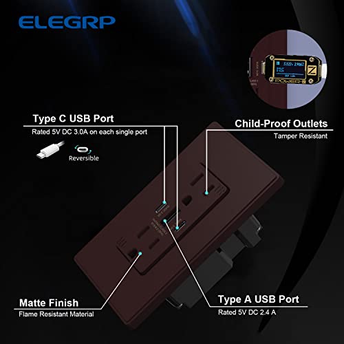 Image of ELEGRP USB Outlets, 30W 6.0 Amp USB C Outlets Receptacles, 3-Port USB Wall Outlet, 15 Amp Tamper-Resistant Outlet with 2 USB C Ports, UL Listed, Screwless Wall Plate Included, 1 Pack, Matte Brown