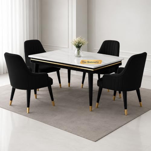 Image of Elara Modern Dining Table Set 4-Seater Wooden Dining Table Set | 1 Year Warranty | Nano Composite Marble Marble Top Table with 4 Chairs (Black)