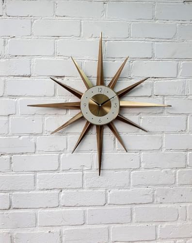 Gilded Atomic Starburst Wall Clock – Handmade George Nelson-Style Sunburst，Bold Gold Retro Statement Piece for Nursery, Living Room or Office