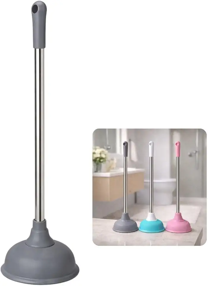 Desentupidor Vaso Sanitario Desentupimento Cabo Inox Resistente Vaso Borracha Reforcada Higienico Duravel Privada Ventosa Higienico Duravel Limpeza Entupimento Banheiro (Cinza)