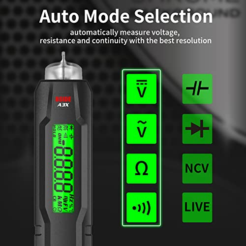 Bside Digital Multimeter Pen-Type 3-Results Display Pocket Smart Voltmeter Capacitance Diode Ohm Hz Continuity V-Alert Voltage Tester With Back Probe Pins For Electronic Maintenance(A3X) #TOP1