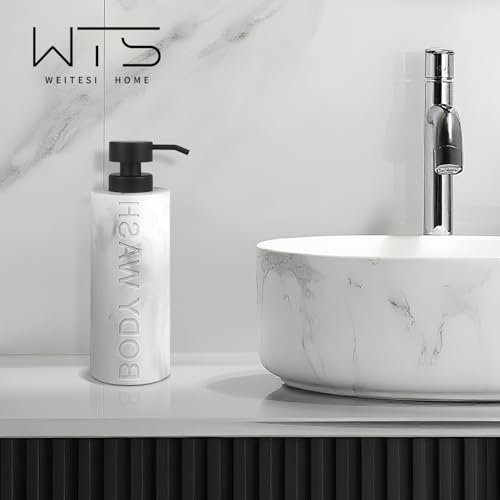 Large Soap Dispenser for Bathroom, Marble White Body Wash Dispenser, Modern Luxurious Refillable Pump Bottle with Embossed Text, Resin Liquid Dispenser Easy-to-Press for Bathroom and Shower by WEITESI HOME - Used condition - Image 7