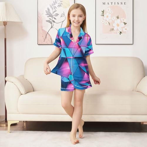 Satin Pajama Sets Short Sleeve Blue and Pink Abstract Triangles Button Down Silky Nightwear 2 Piece PJS 5-14Y3