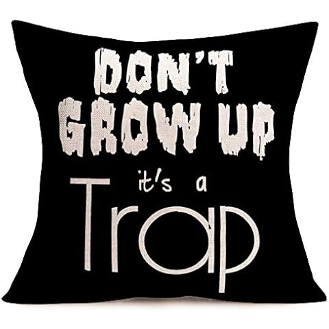 Doitely Funny Words Don’t Grow Up It’s A Trap Black Cotton Linen Throw Pillow Case Cushion Cover for Sofa Home Decorative 18x18 Inches (Black Words28) Cover
