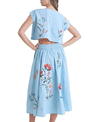 Image of Women Floral Embroidery Dress Sleeveless 2 Piece Tank Top and Skirt Loose Fit Boho Dress