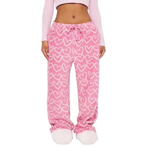 Image of Valentine's Day Flannel Pants Women's Romantic Heart Print Elastic Drawstring Waistband Wide Leg Loose Fit Trousers