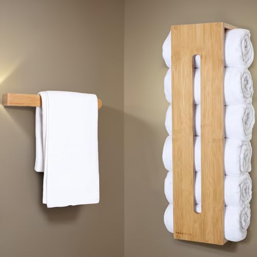 2 PCS Bathroom Towel Storage and Towel holders, Towel Rack Wall Can Holds Up to 6 Large (160X100) of Rolled Towels, Suitable for Bath Towels and Hand Towels, Bamboo Bathroom Accessories Wooden Colour