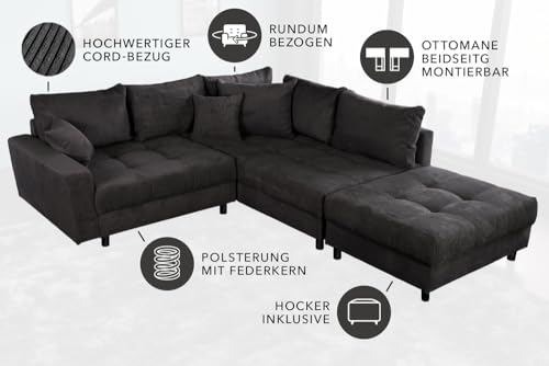 Riess Ambiente Modernes Ecksofa Kent 220cm dunkelgrau Cord inklusive Hocker Federkern Wohnlandschaft Sofa Couchgarnitur – Bild 8