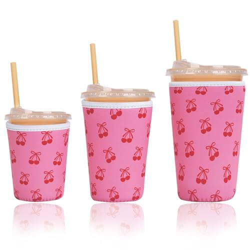 Image of Reusable Insulated Sleeve for Iced Coffee Cup, 3-Pack Coffee Neoprene Drink Sleeve for Cold & Hot Drinks, Beverage Holder for Iced Coffee (Pink Cherry Bows)