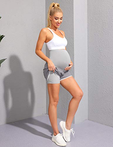 Women Maternity Active Shorts With Pockets Double Layer Lounge Shorts Light Gray #TOP2