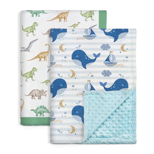 Image of SANDJEST Minky Blanket 2 Pack with Dotted Back 30 x 40 Inches, Gift for Christmas Birthday (Whale, Dinosaur)