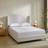 KEIKI King Size Upholstered Bed with Wingback Headboard, Chenille Bedframe, Wooden Slat Mattress Support, No Box Spring Needed, Ivory