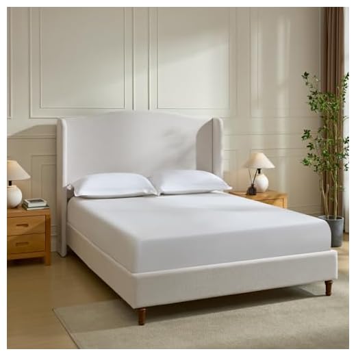KEIKI King Size Upholstered Bed with Wingback Headboard, Chenille Bedframe, Wooden Slat Mattress Support, No Box Spring Needed, Ivory