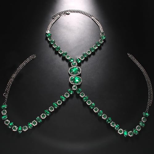 STONEFANS Rhinestone Green Body Chain Harness Men Crystal Waist Chain Belt Sexy Men Chest Chains Festival Rave Body Jewelry Adjustable (Green)2