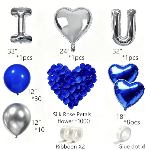 Image of I Love You Balloon Decoration Kit for Him, Royal Blue and Silver | 1000 Silk Rose Petals,Foil Heart Balloons,40 Latex Balloons,Ribbon and Glue Dots|Romantic Room Decor,Anniversary Valentine