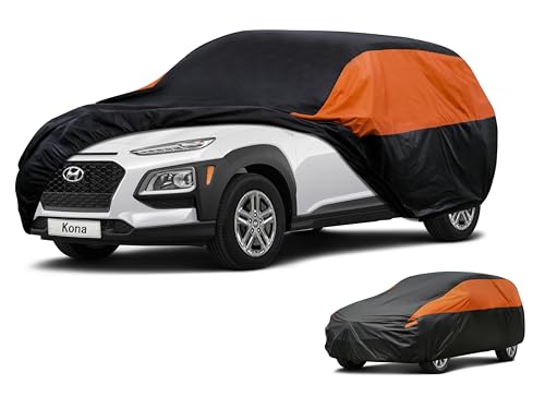 Image of GUNHYI Waterproof Lightweight SUV Full Car Cover Custom Fit Hyundai Kona | All‑weather Outdoor sun /rain /dust /snow /wind /UV protection, breathable tear‑resistant fabric, black‑orange design,storage bag