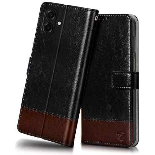 FLIPPED Vegan Leather Flip Case Back Cover for Samsung Galaxy M17e 5G | F70e 5G | M07 | F07 | A07 | A07 5G (Shockproof | Hand Stitched Finish | Card Pockets Wallet & Stand | Black with Brown)