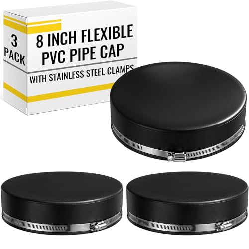 Image of 3 Pack 8 Inch Flexible PVC Pipe Cap with Stainless Steel Clamps - Black Durable End Caps for Drainage, Wastewater & Vent Pipes, Above /below Ground Use
