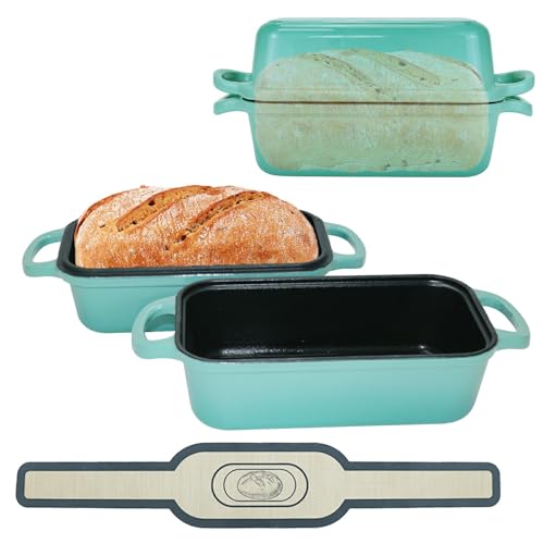 Blisswave Cast Iron Bread Pan with Lid - 2-in-1 Dual Set, Includes 2 Bread Mats - Bread Baking Pan for Homemade Bread, Cakes, Patties - Even Heating - 2-Piece Set (Lake Blue)