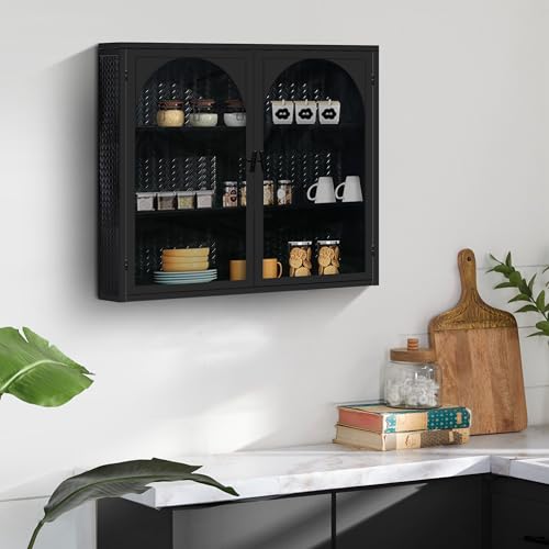 ITAPO 2-Doors Glass Fluted Glass Wall Cabinet, Metal Frame Hanging Cabinet, Floating Cabinet with Doors and Shelves for Bathroom Storage, Kitchen Storage (Black & Arched)