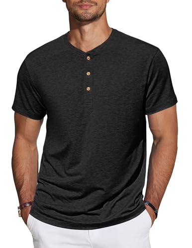 TARAINYA Henley Shirt Herren Baumwolle T-Shirt Kurzarm Sommer Männer mit Knopfleiste Schwarz L