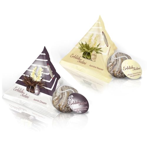 Creano Teelini Teeblumen im Tassenformat, Geschenkset in Teekiste aus Holz, 12 Erblühteelini in 8 Sorten - Weißer Tee & Schwarzer Tee