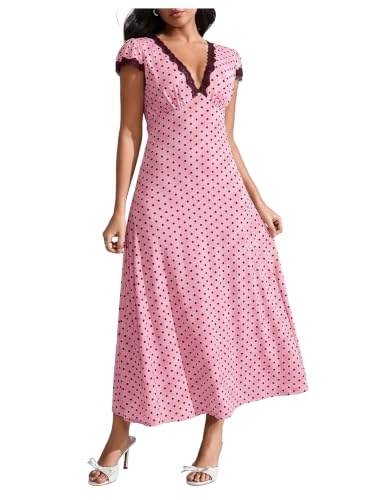 Milumia Women's Polka Dots Lace Trim V Neck Dress Short Sleeve Long Dresses