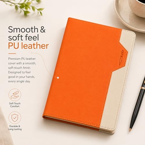 Image of A5 Soft PU Leather Notebook Journal with Pen Holder & Bookmark Ribbon, 120 Sheets /240 Pages Lined Paper, Premium Leather Diary for Office, Work, Business, Meeting Notes, Travel, Students & Professionals (21 X 15 CM) (Orange)