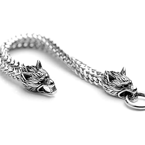 LangHong Norse Viking Stainless Steel Men's Link Bracelet Punk Wolf Head Curb Chain Bracelet 7.4 8.2 9 inches, 7.4 Inches, no gemstone Cover