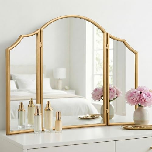 Besdomus Gold Scalloped Vanity Mirror: 36x24 Large Modern Three Sided Dresser Miror - Minimalist Wood Frame 3 Way Trifold for Bedroom/Cloakroom/Dressing Room - Home Decor for Housewife
