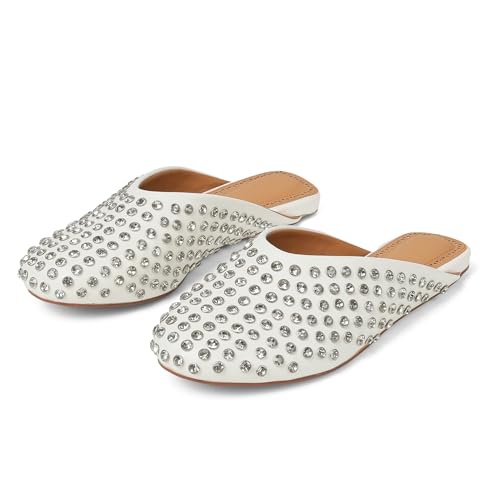 Goiphrri Women's Comfortable Rhinestone Mules - Closed Round Toe Slides, Slip-On Flats, Slingback, Summer, Wide Width4