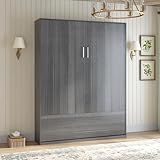 PUREMIND Large Murphy Bed Cube Cabinet, 66 Inches Fold up Murphy Wall Bed, 2 in 1 Murphy Cabinet Bed Horizontal Hidden Murphy Beds Space Saving for Guest Bedroom Grey