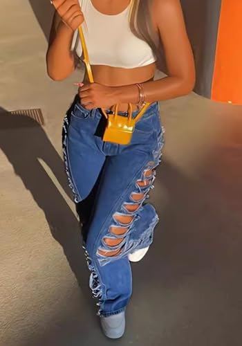Women's High Waisted Ripped Jeans Side Cut-Outs Destroyed Frayed Tassels Distressed Denim Pants2