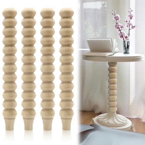 Weysat 4 Pcs Turned Table Legs Unfinished Cottage Farmhouse Rubber Wood Bench Legs Solid Wood Mid-Century Wooden Furniture Coffee Table Replacement, 16' H x 2' W