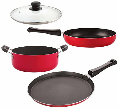 Image of Nirlon Aluminium Nonstick Cookware Set Standard for Gas Stove, Dishwasher Safe, 4-Pieces, Red (Flat Tawa|Fry Pan|Casserole|1 Glass Lid)-32mm FT11 FP11 CS13 1GLID