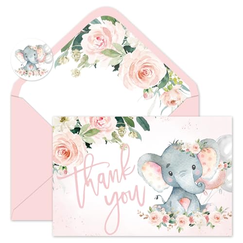 Whaline 24 Pack Baby Shower Thank You Cards Elephant Flower Greeting Cards with Envelopes Stickers Pink Floral Animal Blank Note Cards for Birthday...
