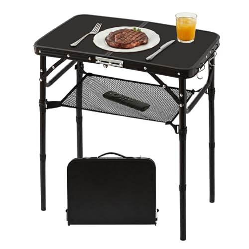 Image of Folding TV Dinner Tray Table, Adjustable Height Sofa Table, Black | Portable Snack Table with Storage Net, Lightweight Aluminum Couch End Table for Living Room, Bedroom, Camping, Patio