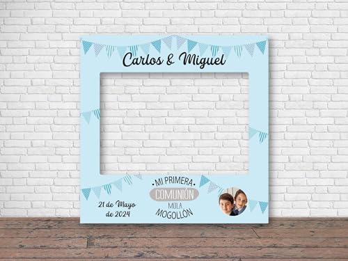 Oedim Photocall Mi Primera Comunión Fondo Azul + Carteles Personalizado, photocall Decorativo para comuniones, decoración para Eventos