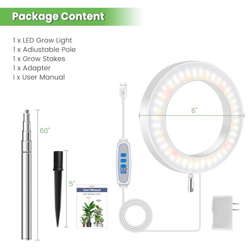 Image of Aokrean Halo Plant Grow Light for Indoor Plants, 6.3in Full Spectrum White | 1 Pack, 10-65 in Height Adjustable, 80 LEDs Growing Lamp with Auto Timer for 6 /12 /16Hrs, 3 Optional Spectrums, 5 Brightness