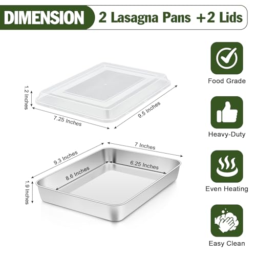 Image of TeamFar Baking Pan with Lid, 9.3 inchx 7 inch Stainless Steel Rectangular Cake Lasagna Pans with Cover for Cake Brownie Casseroles, Healthy & Sturdy, Oven & Dishwasher Safe - (2 Pans + 2 Lids)