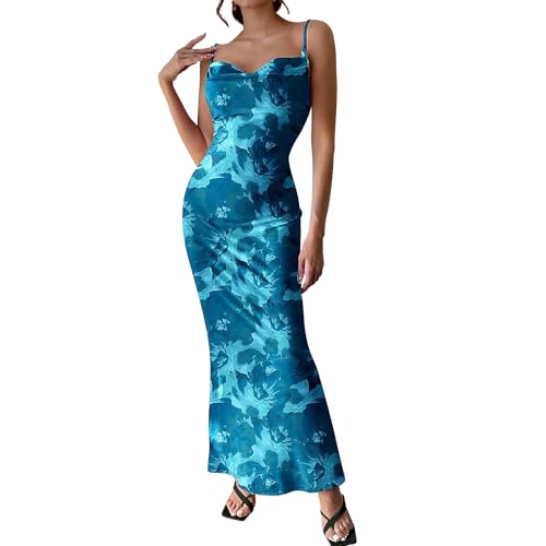 Image of Women's Spaghetti Strap Maxi Dress Floral Print Bodycon Long Dress Summer Beach Vacation Wedding Guest Outfits