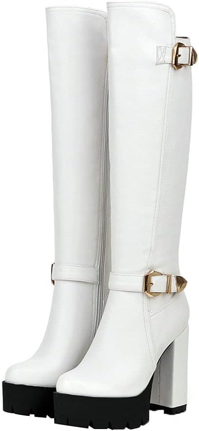 Shinelly Women High Heel Platform Boots Knee High Chunky Boots Zipper
