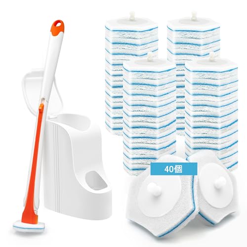 JEHONNトイレブラシ使い捨てと付け替え用 （付替品40個），壁掛けトイレブラシケース付きシンクバスタブ洗面器モッププール用