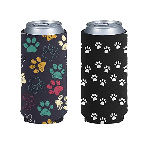 Forchrinse Dog Paw Print Can Cooler Sleeves,Soft Insulated Drink Caddies Bottle Insulator Sleeve Slim Can Sleeve 2 Pack
