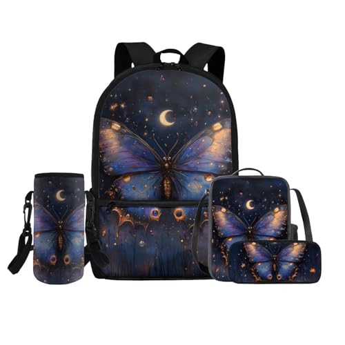 Aesthetic Butterfly Backpack for Elementary School Girls Cute 4 Pcs School Backpack Set Girls Bookbag Age 10-12 Travel Daypack Aesthetic School Bag and Lunch Box Set for Teen Women2