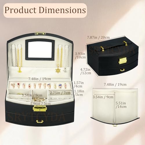 SRYTCYDA Jewelry Box for Women, Leather 2 Layer Jewelry Organizers and Storage Box with Mirror & Lock, Small Jewelry Organizer for Necklace Earrings Rings (Black) — view 3