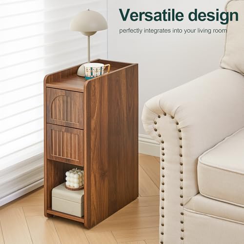 Image of Narrow Nightstand Set of 2, Wooden Small 2 Drawer Nightstand, Slim Side End Table, Skinny Bedside Table, Mid Century Modern Night Stand with Drawers for Bedroom (Deep Walnut-2 pcs)